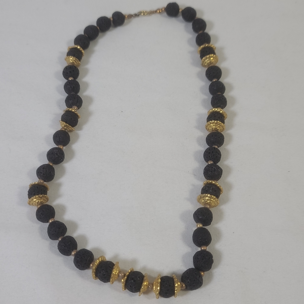 Vintage Black Lava Rock Gold Tone Beaded Statement Necklace